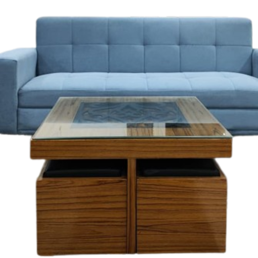 4-Seater Wooden Ottoman with Coffee Table (Glass Top)