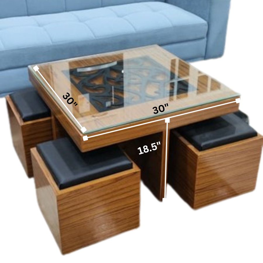 4-Seater Wooden Ottoman with Coffee Table (Glass Top)